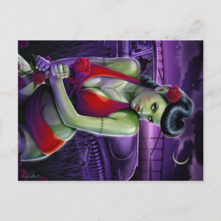 Carte Postale zombie fille amour avec rose et vintage voiture