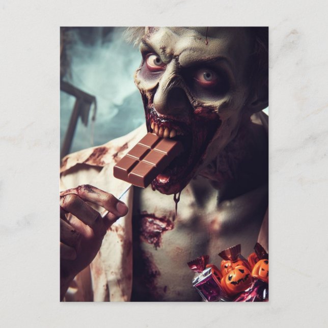 Carte Postale Zombie Manger du chocolat d'Halloween (Devant)