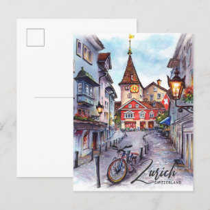 Carte Postale Zurich Suisse Aquarelle Peinture Voyage