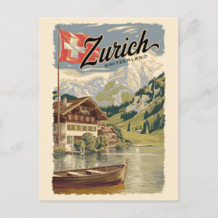 Carte Postale Zurich Suisse Art de voyage peint à la main Vintag