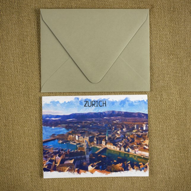 Carte Postale Zurich Suisse Panorama Voir aquarelle (zurich switzerland panorama view watercolor postcard)