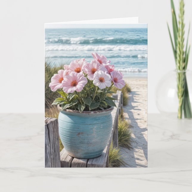 Carte Pot de plage avec pétunias roses (Devant)
