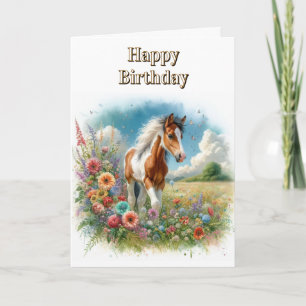 Carte Poulain de cheval Pinto et fleurs sauvages Joyeux 