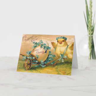 Carte Poulet vintage avec chariot d'oeufs de Pâques