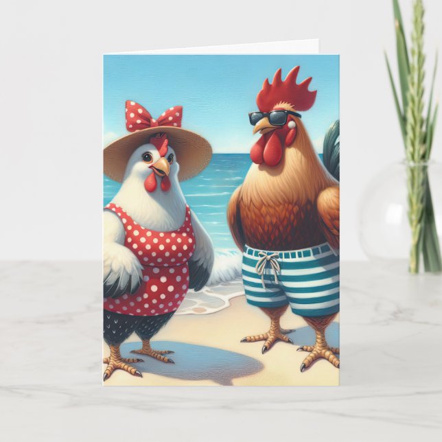Carte Poulets de plage d'anniversaire en maillots de bai (Devant)