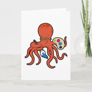 Carte Poulpe en peintre avec peinture et pinceau