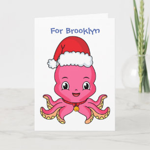 Carte Poulpe mignon et heureux portant un chapeau de Noë
