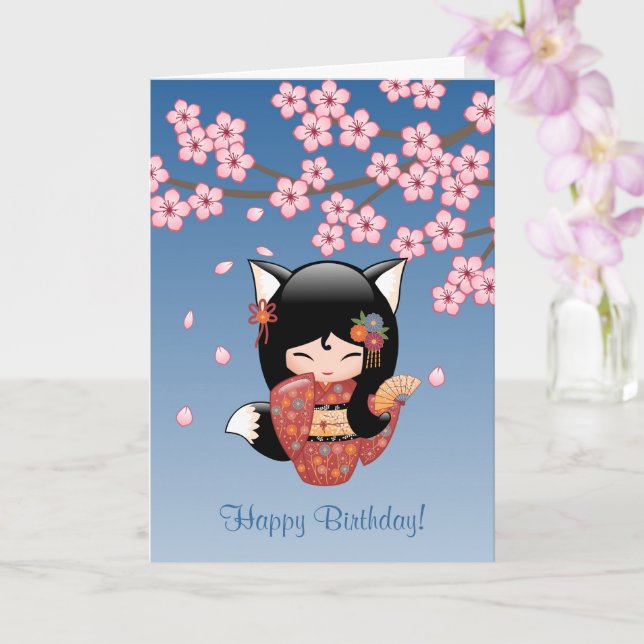 Carte Poupée de Kitsune Kokeshi - anniversaire de geisha (Orchidée)