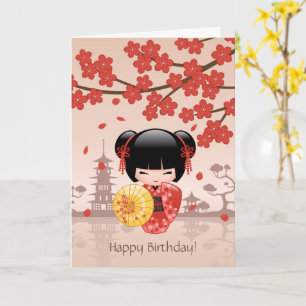 Carte Poupée rouge Sakura Kokeshi, Anniversaire mignon d