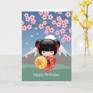 Carte Poupée rouge Sakura Kokeshi, Anniversaire mignon d