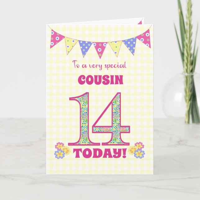 Carte Pour Cousin 14th Birthday Primroses Bunting Card (Devant)