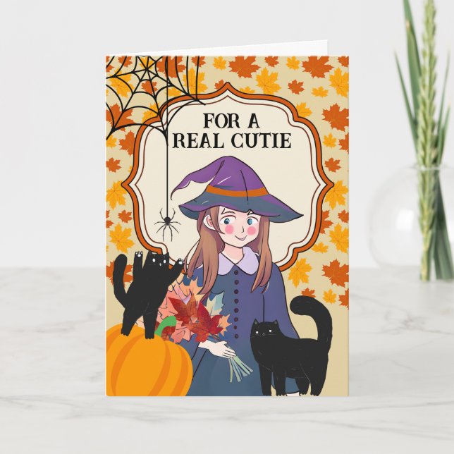 Carte Pour Cousin Halloween jolie sorcière et chats (Devant)