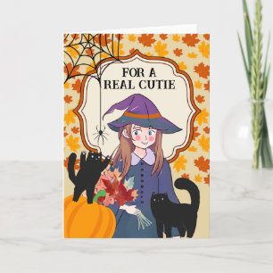 Carte Pour Cousin Halloween jolie sorcière et chats