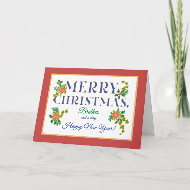 Carte Pour Frère, Poinsettias, Holly, Ivy Christmas (Devant)