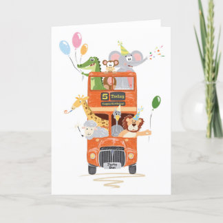 Carte Pour garçon ou fille mignonne fête animale Bus 5e 