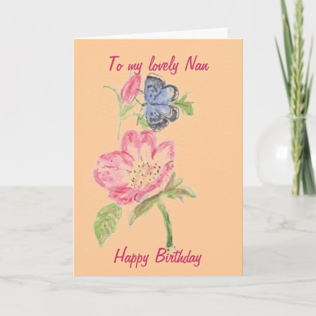 Carte pour Nan. Joli papillon sur la fleur rose (Devant)