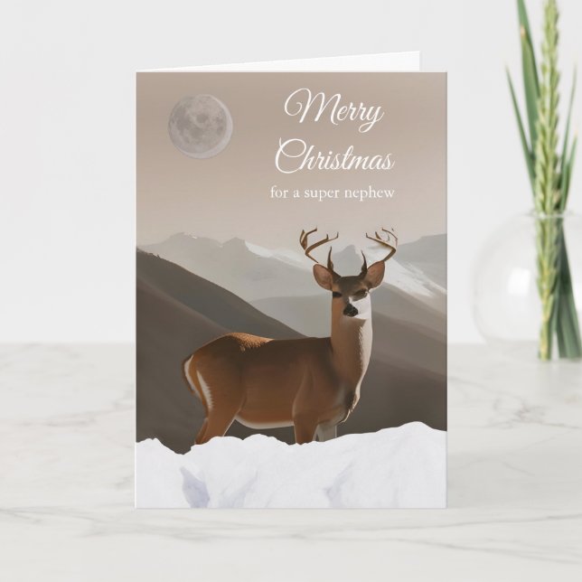 Carte Pour Nephew Joyeux Noël avec Cerf et Neige (Devant)