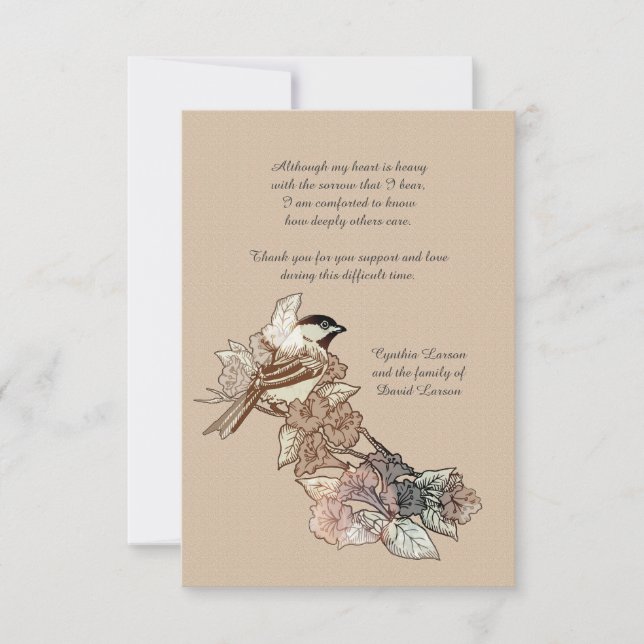 Carte pour notes de Merci de deuil d'oiseaux solit (Devant)