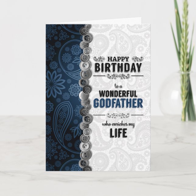Carte pour Parrain Anniversaire Bleu Paisley avec bouton (Devant)