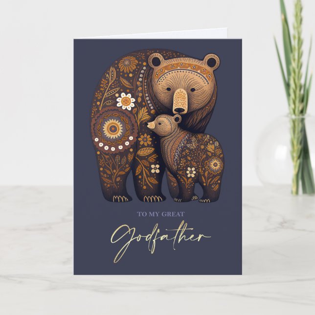 Carte Pour parrain sur Fête des pères mignonne ours Folk (Devant)
