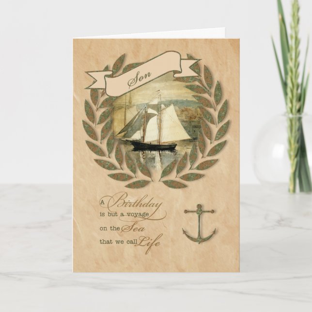 Carte pour Son un thème nautique à voile Anniversaire (Devant)