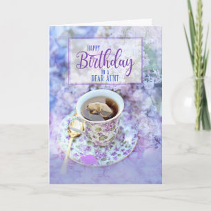 Carte pour Tante Cup de Thé et Fleurs pourpres Anniversa