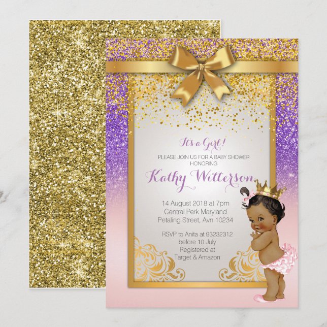 Carte pourpre rose de baby shower d'or (Devant / Derrière)