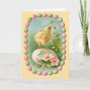 Carte Poussin printanier avec bordure d'œufs pastel