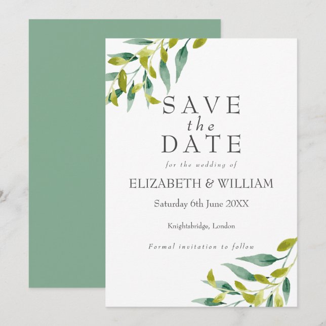 Carte Pré Feuille verdure Enregistrer la date (Devant / Derrière)