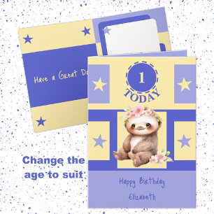 Carte Premier anniversaire ajouter nom mignon paresseux 