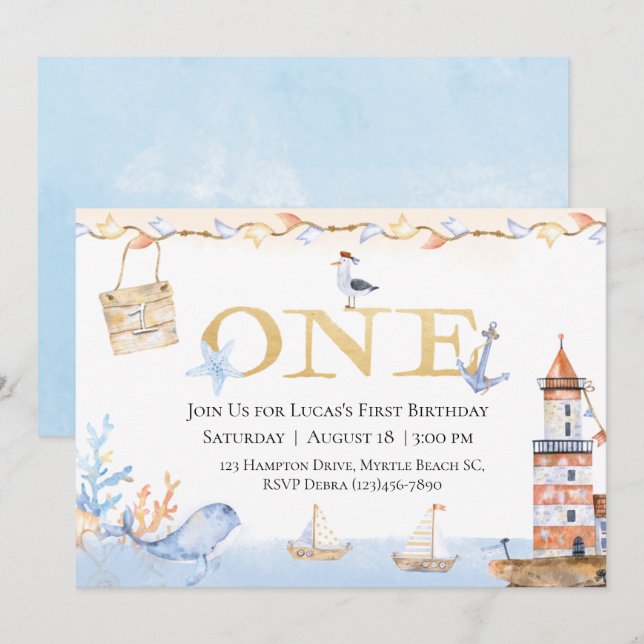 Carte Premier anniversaire Boys Nautical Blue Lighthouse (Devant / Derrière)