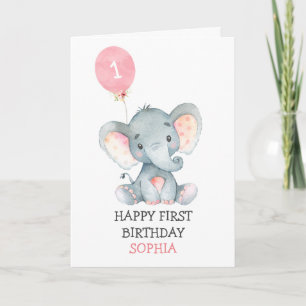 Carte Premier anniversaire de la fille à l'éléphant rose