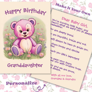 Carte Premier anniversaire de la petite-fille, ours en p
