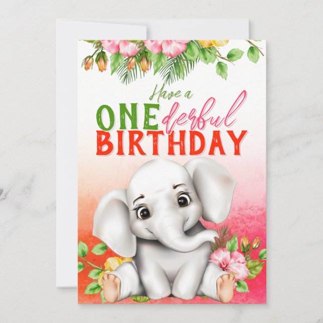 Carte Premier anniversaire d'éléphant floral (Devant)