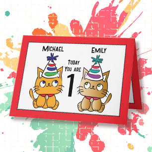 Carte Premier anniversaire joli chat dessin animé jumeau