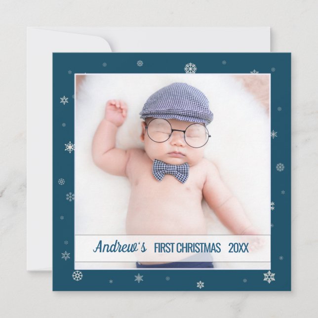 Carte Premier bébé de Noël bleu flocon de neige (Devant)