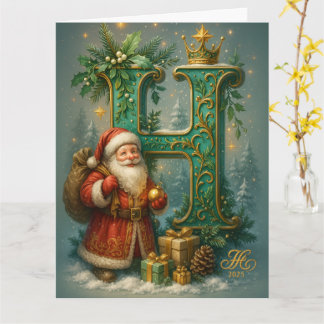 Carte Premier H doré avec Père Noël et Couronne