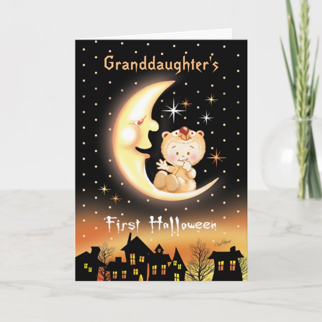 Carte Premier Halloween de la petite-fille, bébé de lune (Devant)