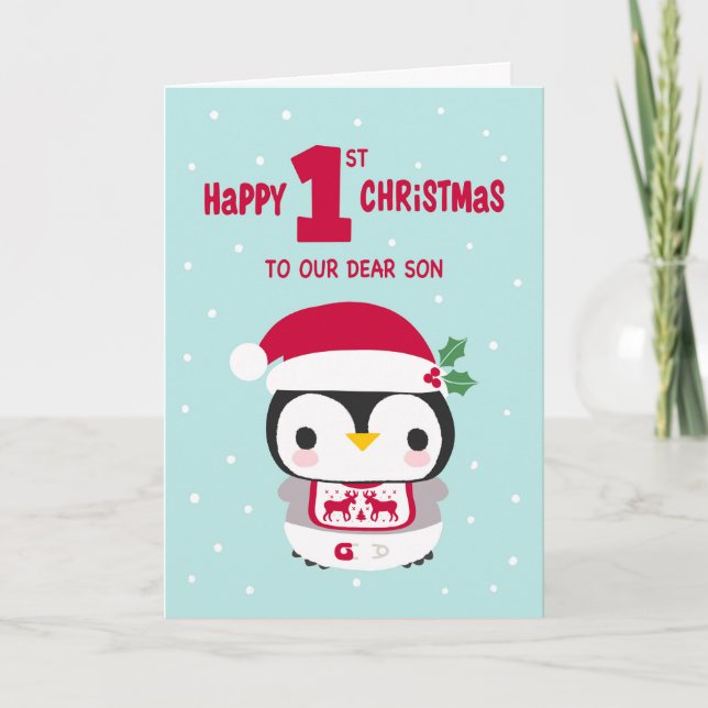 Carte Premier Noël de notre Fils avec un bébé pingouin (Devant)