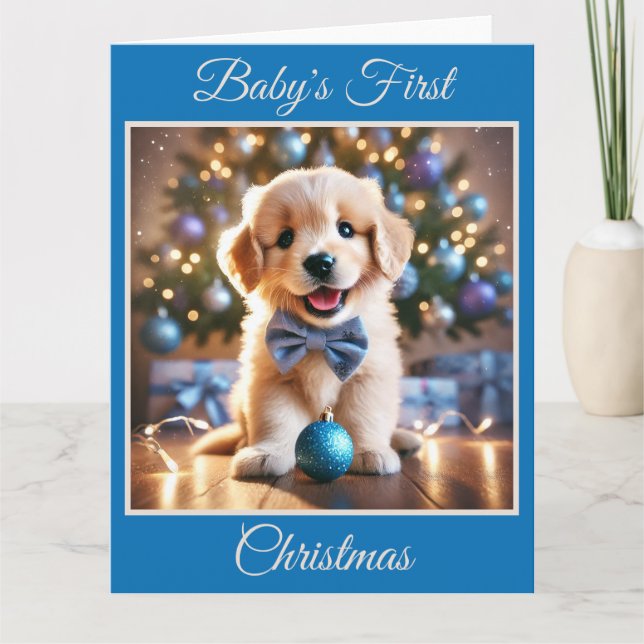 Carte Premier Noël du bébé chiot (bleu) (Devant)