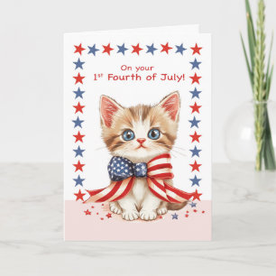 Carte Premier Quart Juillet Cute Chat Avec Bow et Stars