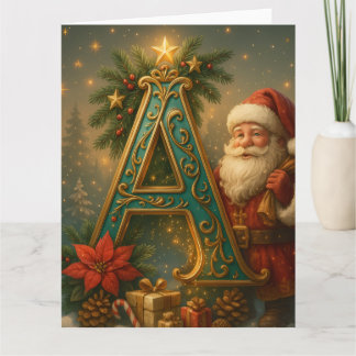 Carte Première A dorée avec Père Noël et couronne