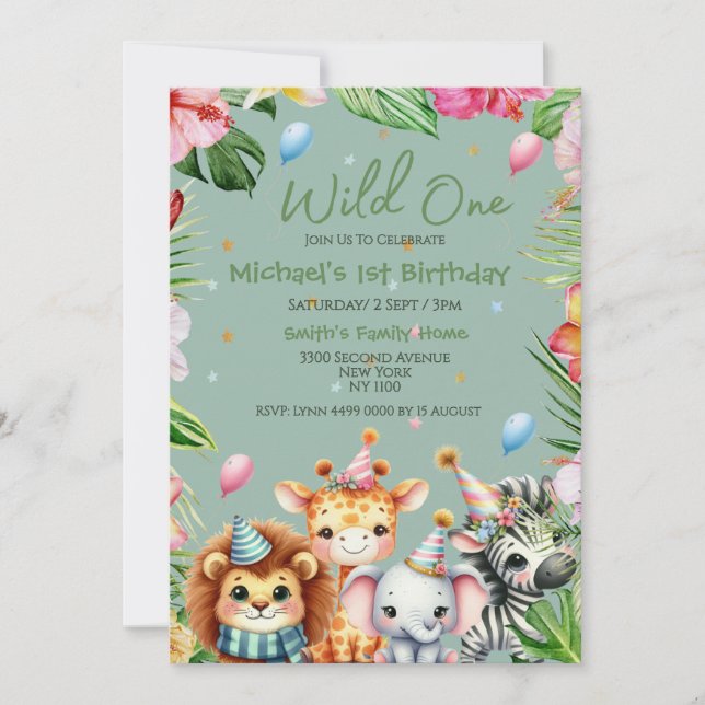 Carte Première Anniversaire Safari animal sauvage une fl (Devant)