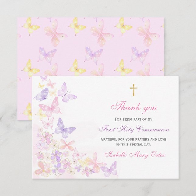 Carte Première communante Papillon rose Fille Merci (Devant / Derrière)