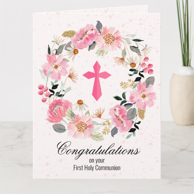 Carte Première communion de germe rose croisée (Devant)