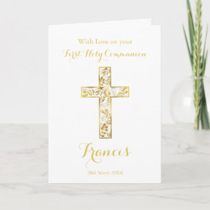 Carte Première Communion d'or croix nom des garçons  