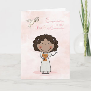 Carte Première Communion, Fille à peau foncée, Félicitat