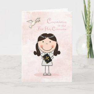 Carte Première Communion, Fille aux cheveux noirs, Félic