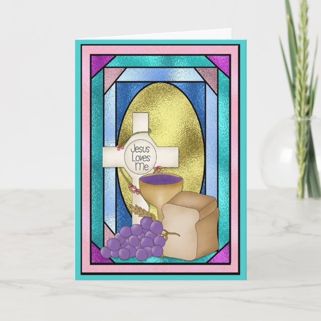 Carte Première Communion sainte, verre tendu (Devant)