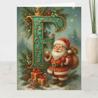 Carte Première E dorée avec Père Noël et Couronne